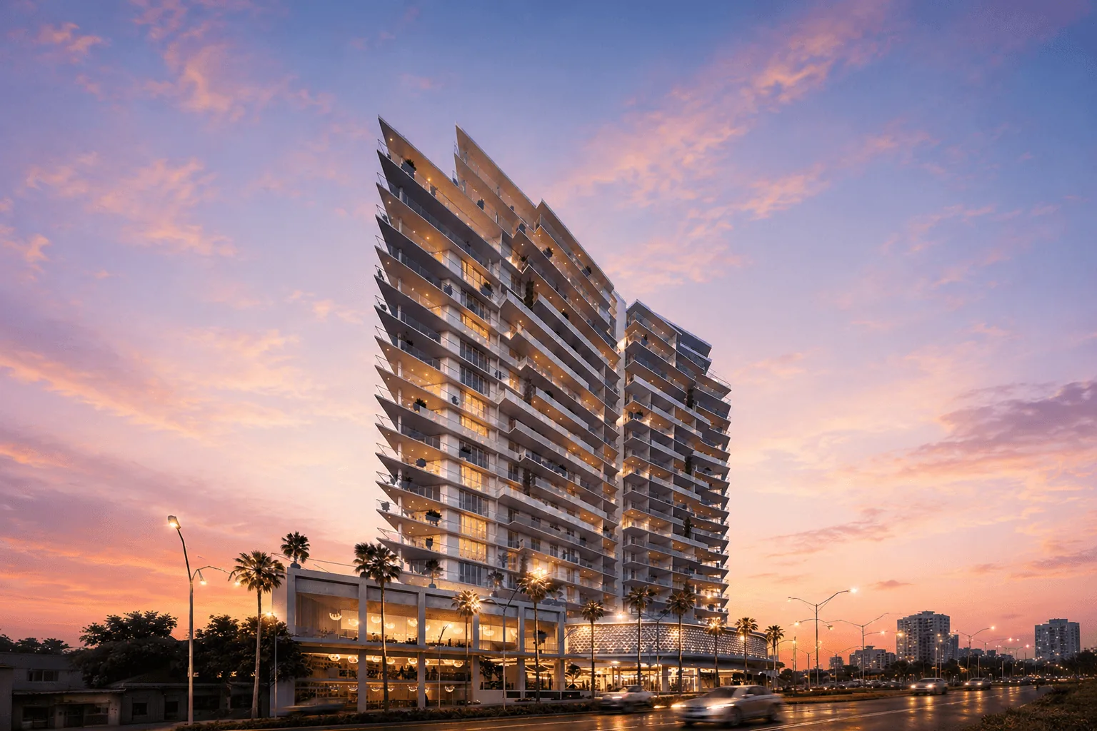 The Precinct apartments in the evening